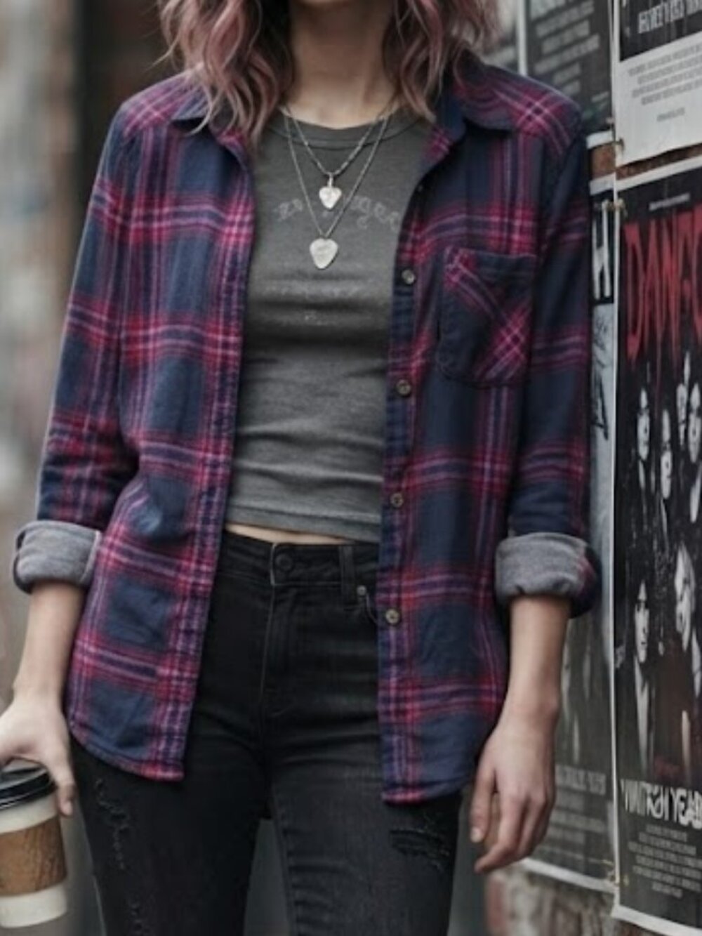 Hollister Navy Blue & Pink Plaid Long Sleeve Button-Down Flannel Shirt XS